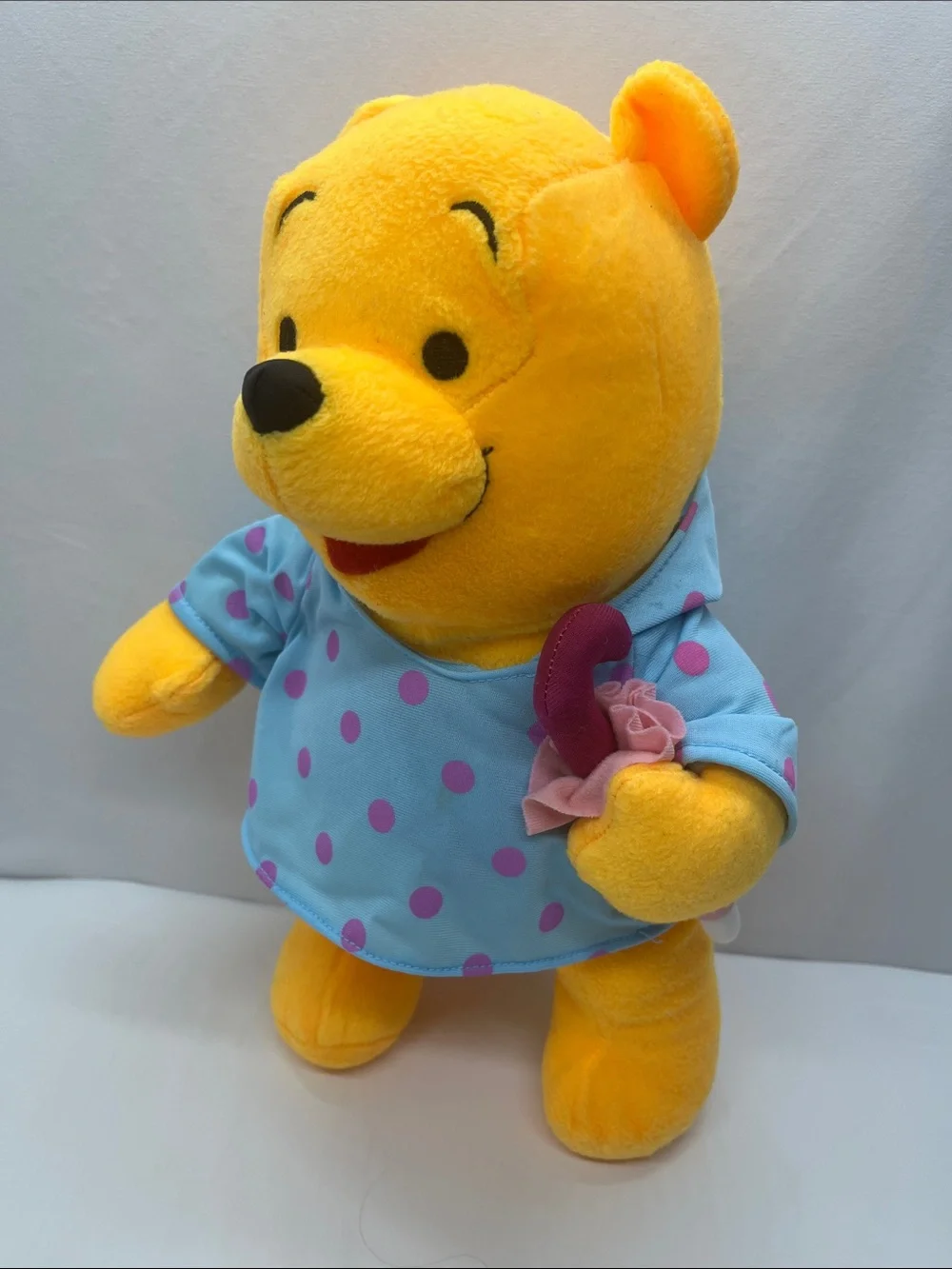 Disney Winnie The Pooh Plush With Blue Polka Dot Raincoat and Umbrella-